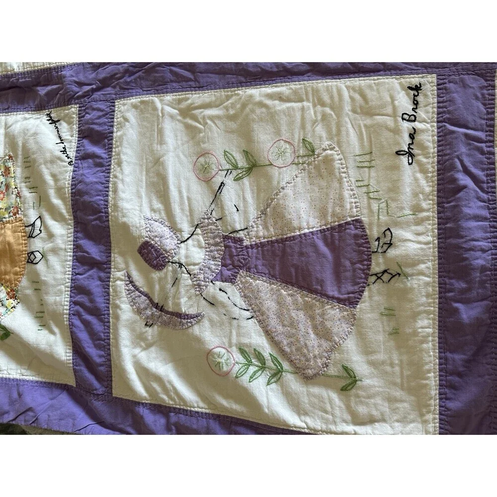 Vintage Handmade embroidered friendship quilt with Sun Bonnet Girls. 77” X 95”